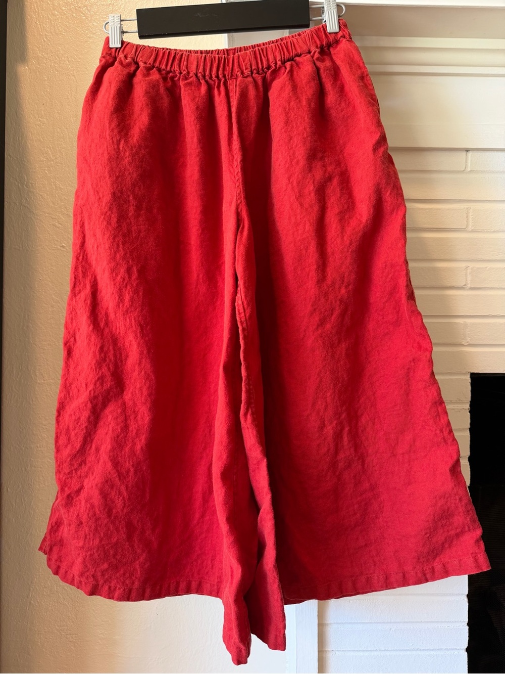 POOI Red 100% Linen Wide Leg Culotte Pants Elastic Waist Approx Size L